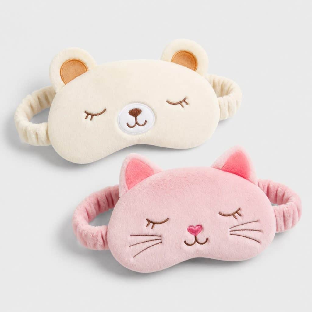 Deux masques de sommeil enfant à motif animal sur bandeau en peluche