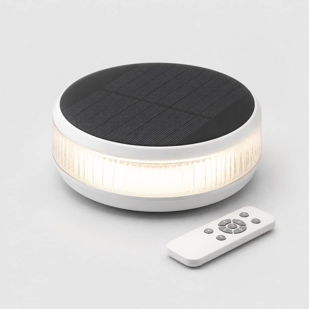 Lampe solaire compacte posée sur une table avec sa télécommande