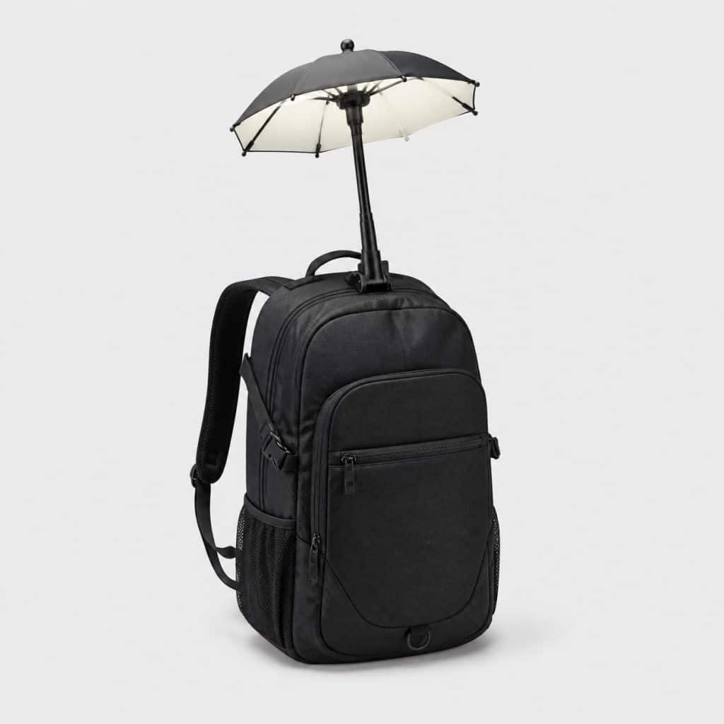 Petite lampe pliante ouverte en forme de parapluie sur un sac à dos