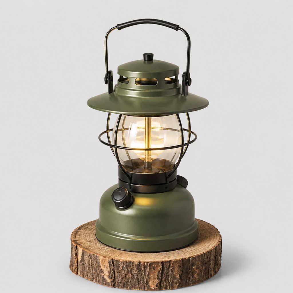 Lanterne de camping au design rétro posée sur un rondin de bois