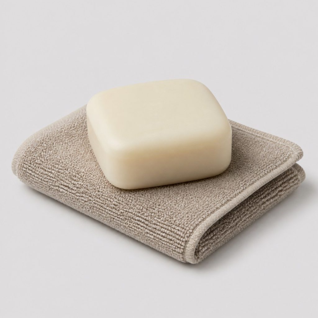 Savon solide compact posé sur une serviette de voyage