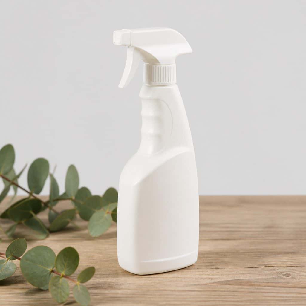 Flacon de spray répulsif posé près de feuilles d'eucalyptus
