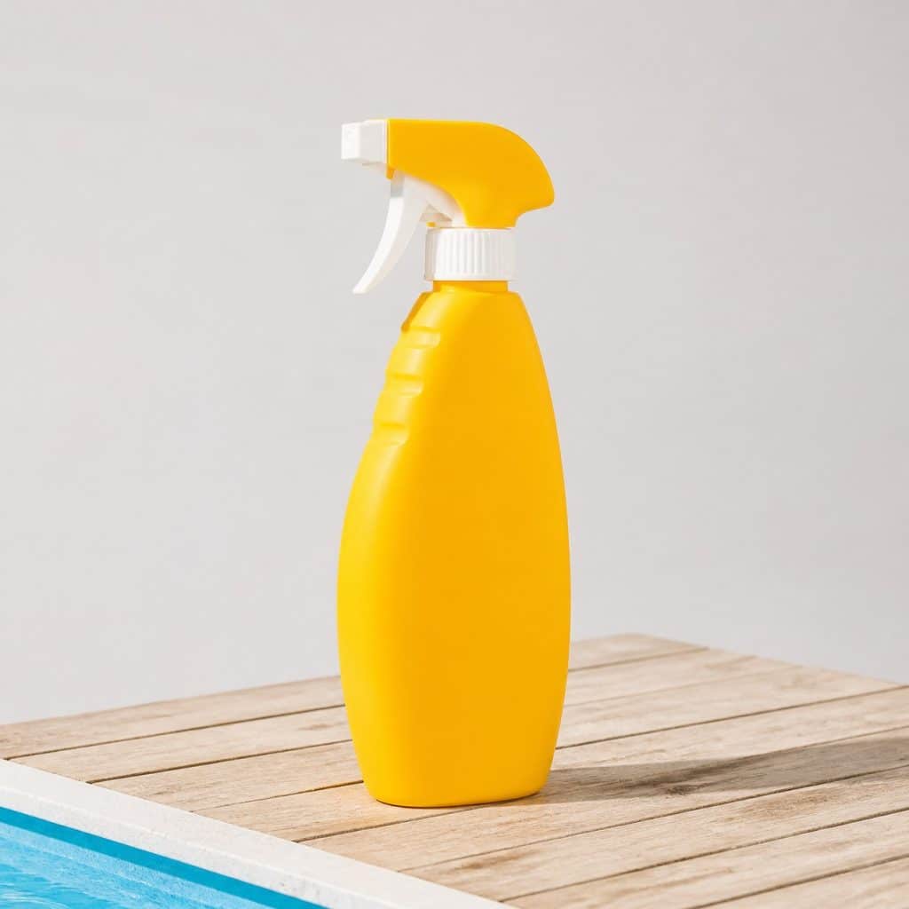 Grand flacon de spray solaire posé près d'une piscine