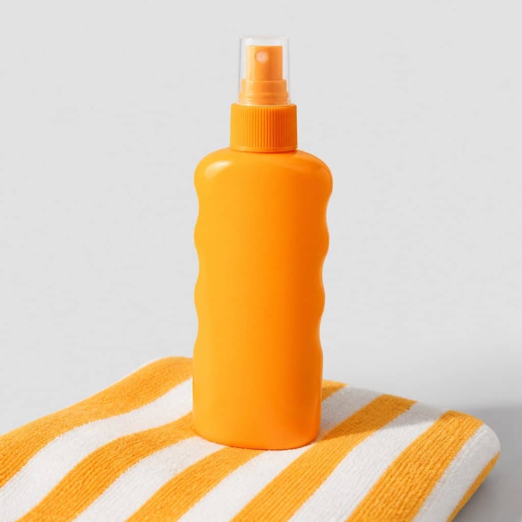 Flacon de spray solaire posé sur une serviette de plage