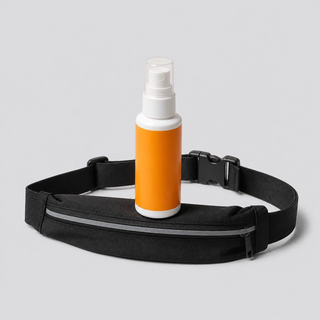Petit flacon de spray solaire sport posé sur une ceinture de course