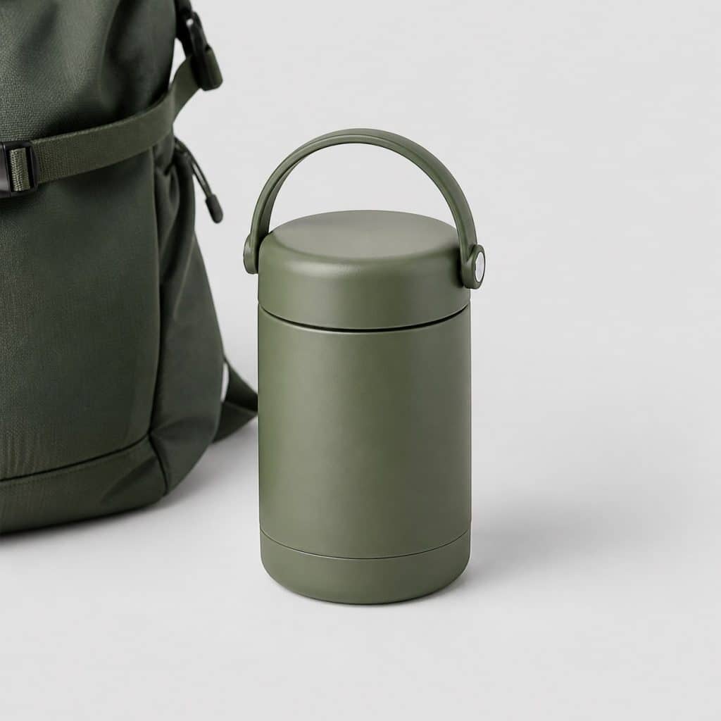 Récipient isotherme compact posé près d'un sac à dos de randonnée