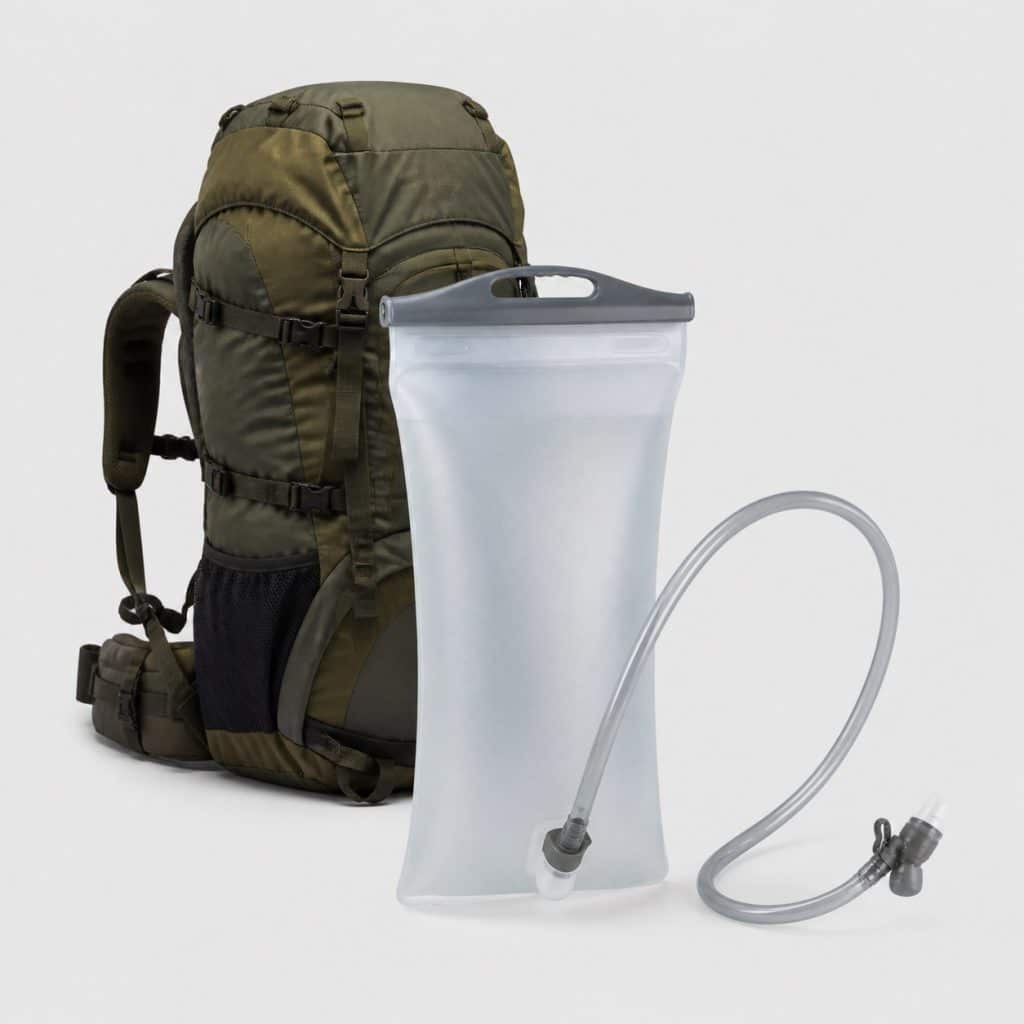 Poche à eau souple de grande capacité posée près d'un sac à dos chargé