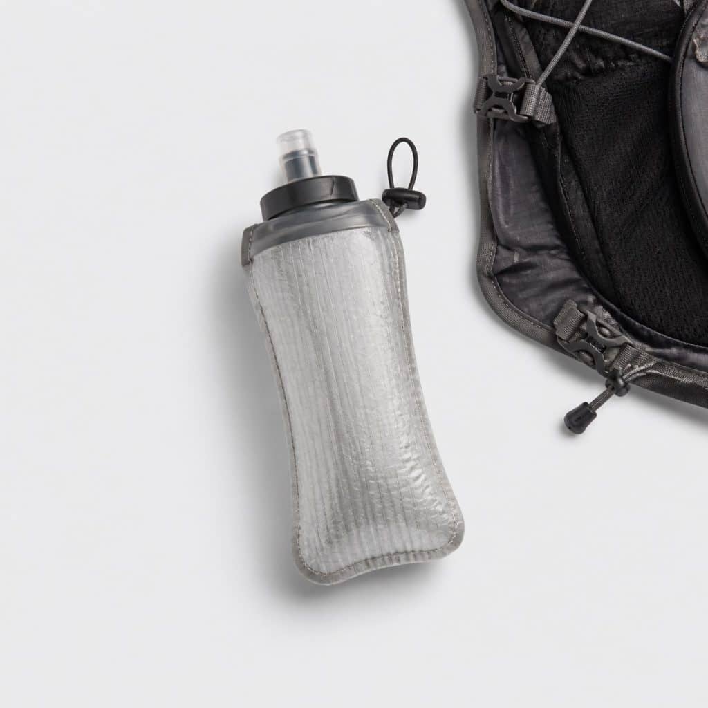 Réservoir d'hydratation isotherme compact posé près d'un sac de trail léger