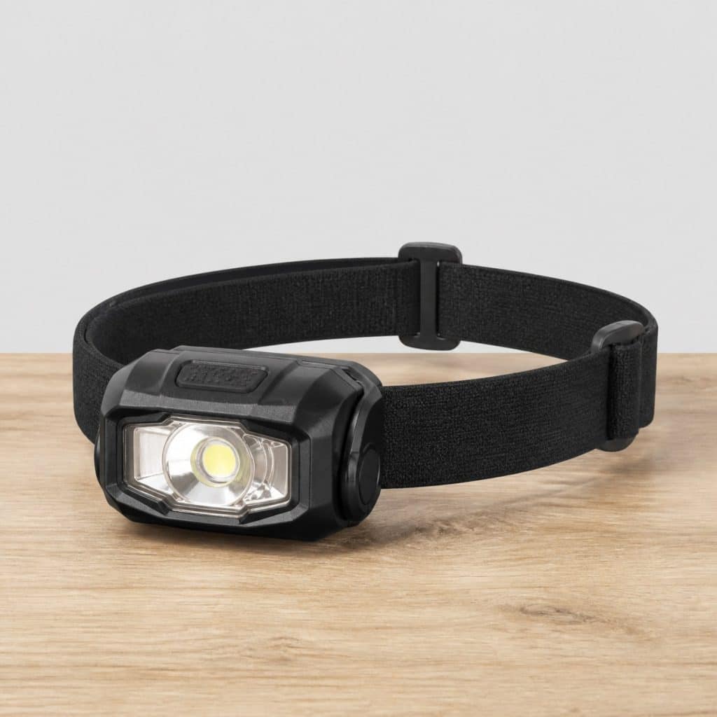 Petite lampe frontale simple et compacte posée sur une table