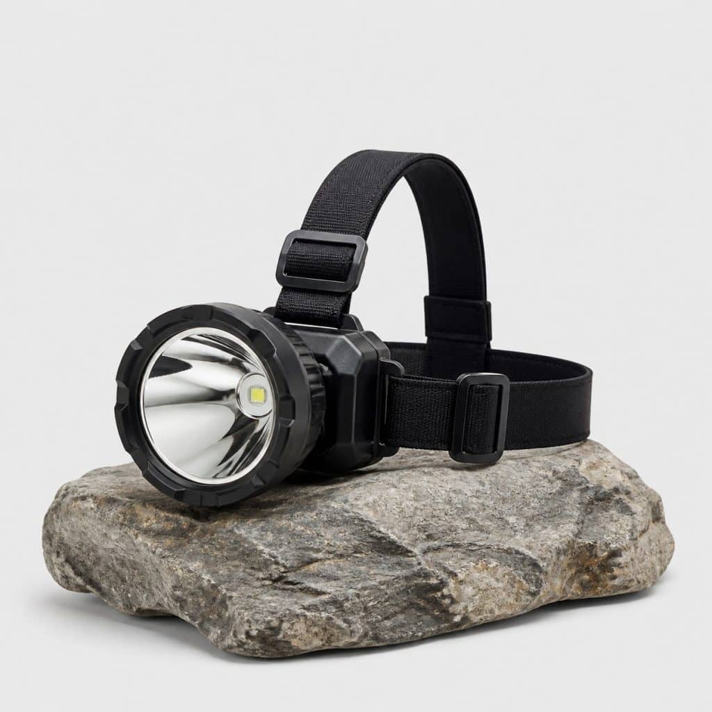 Lampe frontale puissante avec large réflecteur posée sur un rocher