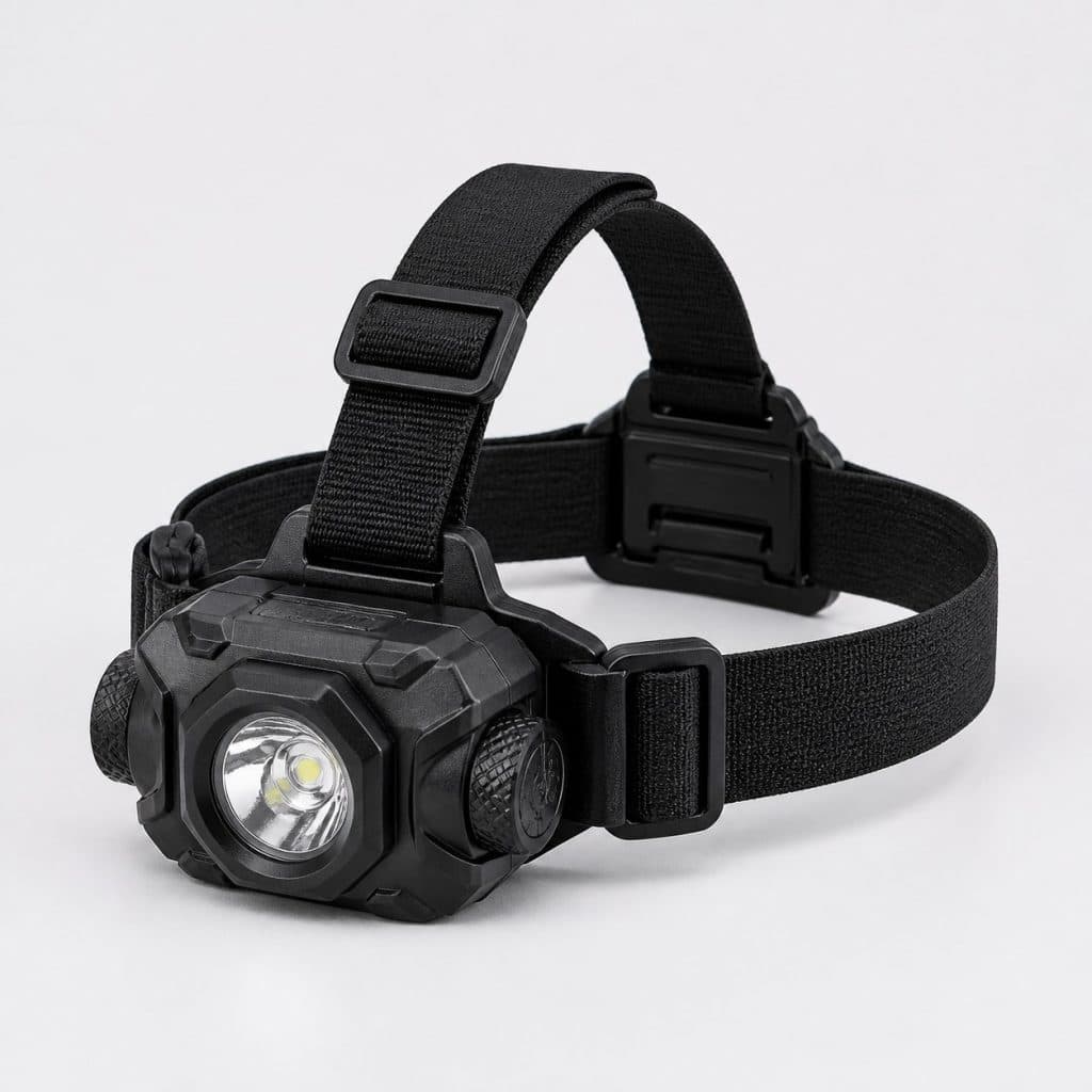 Lampe frontale robuste au boîtier renforcé posée sur un établi