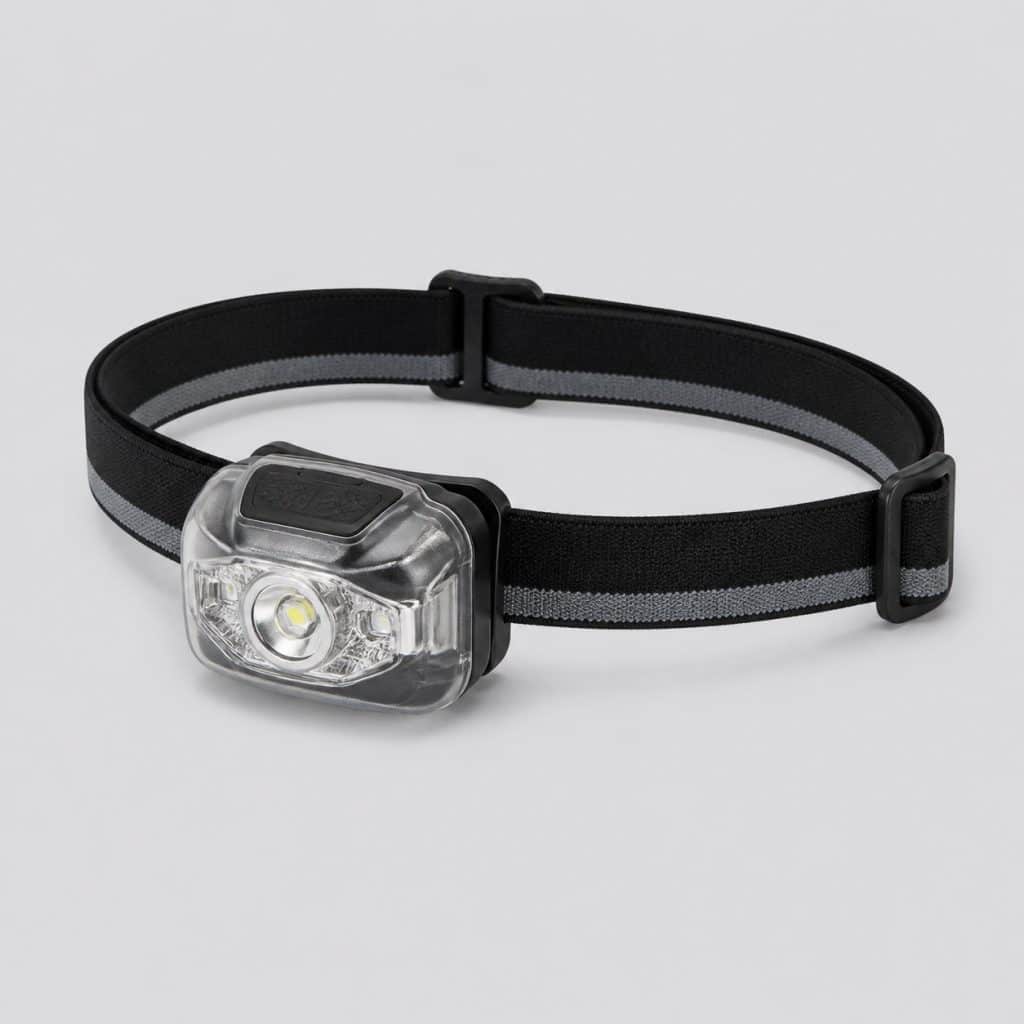 Lampe frontale basique et compacte en plastique posée sur fond neutre