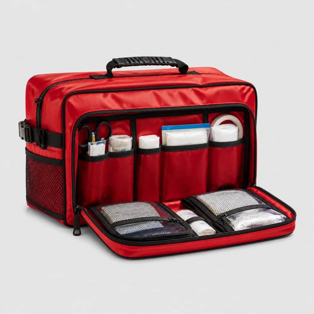 Grande trousse de premiers secours avec housse imperméable posée sur fond clair