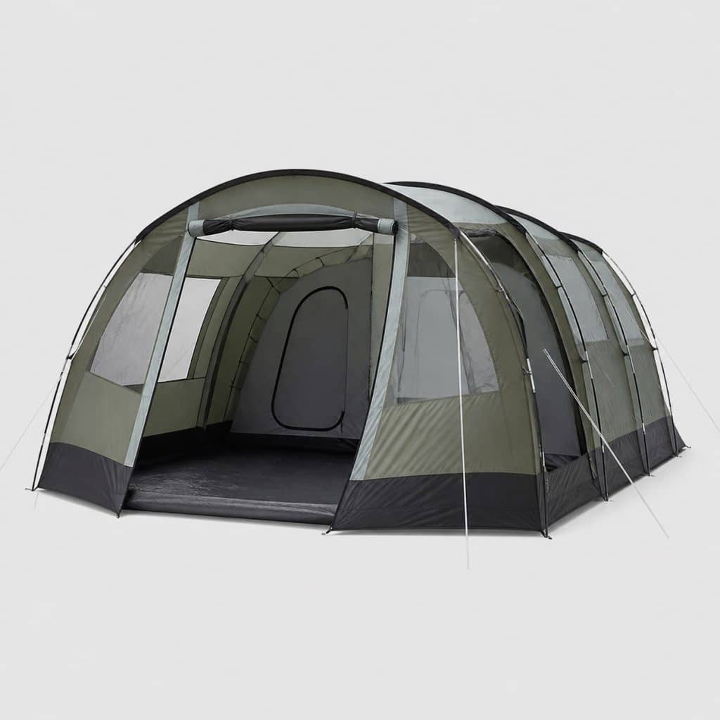 Grande tente de camping tunnel 4 places montée sur une pelouse